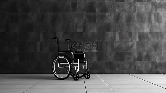 3D 插图中光滑黑色瓷砖背景下的空轮椅