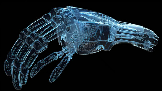 孤立的黑色背景与机器人手的 3D X 射线渲染