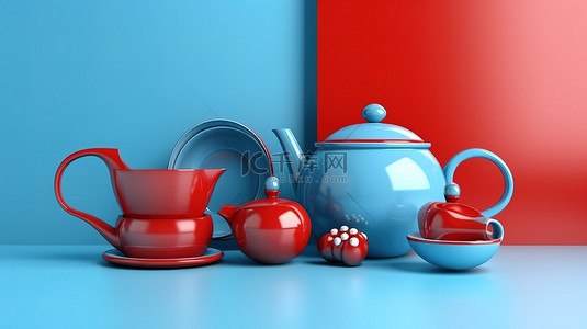 安全套装背景图片_红色背景与蓝色厨房配件套装的 3D 渲染
