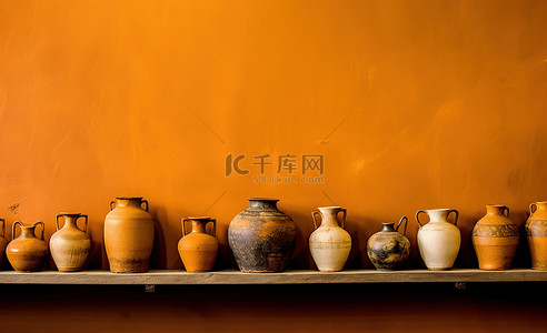 橙色墙前的架子上摆放着数十个粘土花瓶