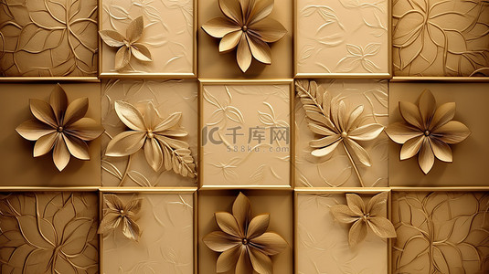 浅色丝绸米色背景上的金色花朵和棕色方块 3d 墙纸壁画
