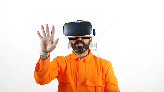一位戴着 3D 虚拟现实眼镜和橙色头盔的设计师用手做手势