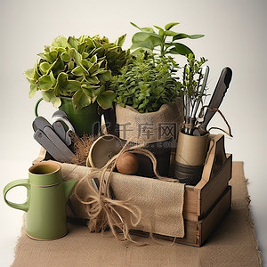 木花瓶绿色和棕色植物和园艺工具放在板条箱里