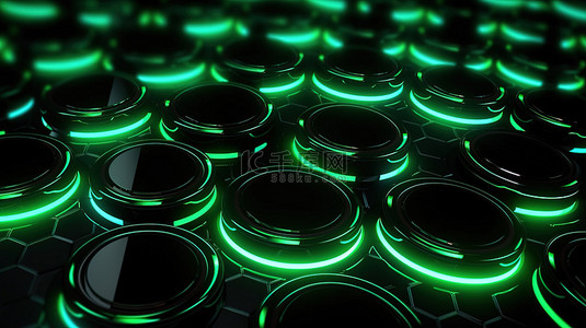 科技背景暗背景图片_黑色圆圈图案中带有发光绿灯的几何背景的 3D 渲染
