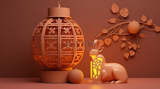 中秋佳节兔子月饼和中国灯笼装饰的 3D 渲染
