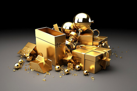 黄金png背景图片_金色礼品盒，带礼物和小玩意黄金PNG剪贴画