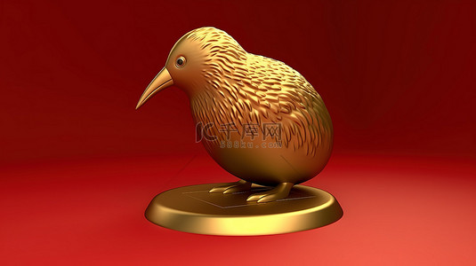 标志性的奇异鸟是红色哑光板上金色的 3D 渲染社交媒体符号