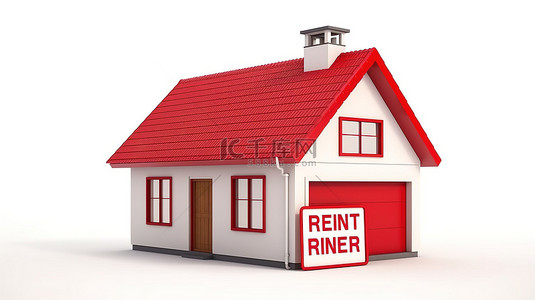 现代住宅建筑，带有红色屋顶和砖墙，带有租金标签，在白色背景上以 3D 渲染标记房地产概念