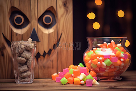 主图南瓜背景图片_万圣节糖果和一只猫头鹰坐在木板上的梅森罐子上