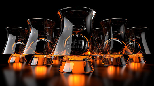 黑色和橙色玻璃扬声器阵列站在单色背景 3D 渲染上