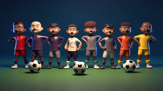 多民族足球运动员在行动 3D 渲染的角色代表不同民族的头发和肤色在球场上进球