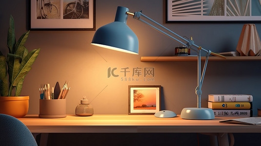 时尚的家庭办公室设计，配有由时尚台灯 3D 渲染照明的电脑模型