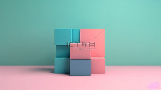 粉色空白方形背景上蓝色和绿色立方体的简约抽象 3D 渲染