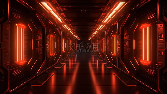 红灯背景图片_黑暗外星飞船走廊入口的怪异红灯通道 3D 渲染