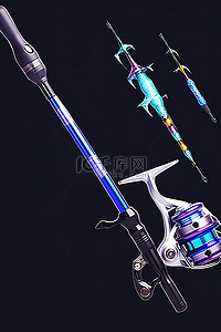 钓鱼鱼背景图片_钓鱼竿和飞蝇钓鱼竿套装，配有两种不同类型的渔具