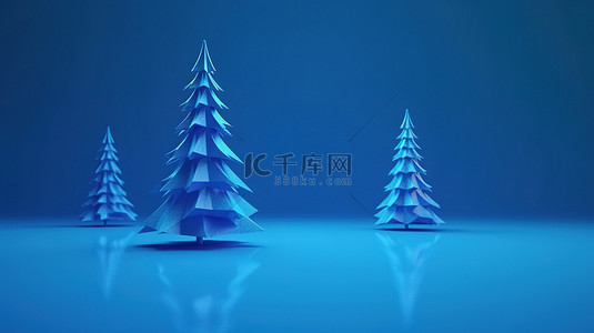 蓝色背景下的节日圣诞树，通过 3D 渲染庆祝节日的欢乐