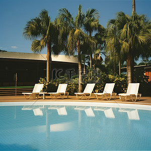 带躺椅和棕榈树遮阳伞的游泳池