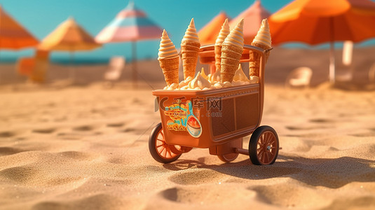 在阳光明媚的海滩上近距离接触冰淇淋车 3D 渲染