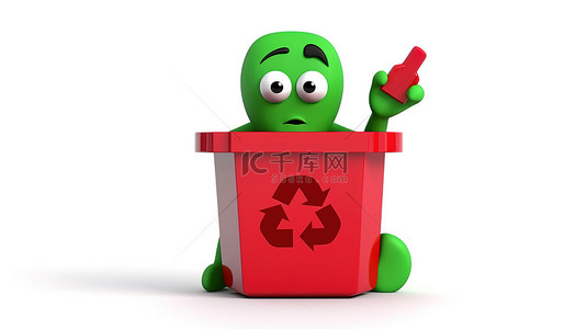 红色题框背景图片_白色背景上带有回收标志和红色问号的绿色垃圾桶字符吉祥物的 3D 渲染