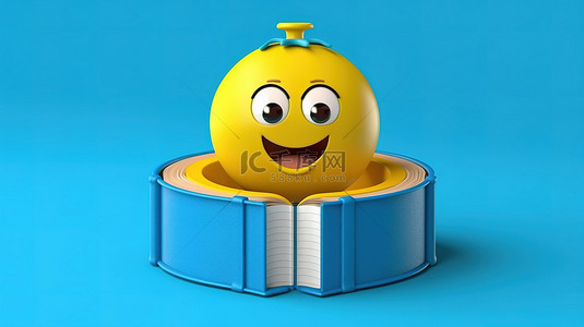 3D 渲染的蓝皮书人物吉祥物在黄色背景下持有救生圈