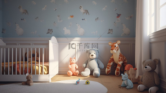 数字创建的托儿所描绘，配有婴儿床和超大毛绒动物伙伴