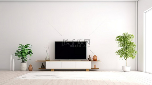 电视样机背景图片_3D 渲染的简约白色生活空间中的时尚电视