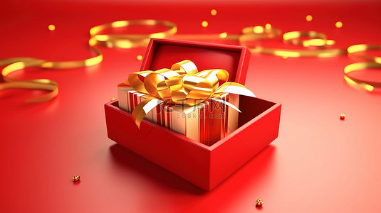 打开欢乐的金色丝带红色礼盒，用于庆祝和节日 3d 渲染
