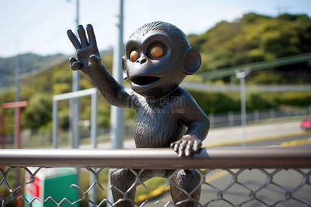 一只手指举起的猴子雕像举着铁丝网
