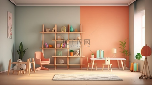 拼图游戏开始页面背景图片_充满活力的儿童房，配有窗边桌和架子，适合儿童使用的家具和空白墙 3D 渲染