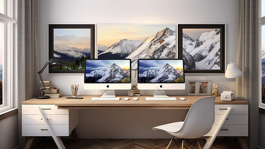 家庭办公桌上雪山网站的 3D 渲染