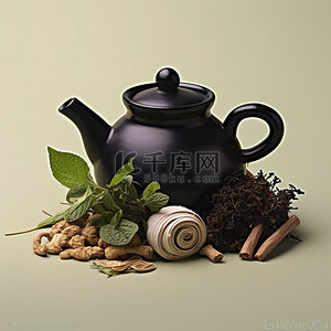 福背景图片_一个黑色的茶壶，里面有几种草药