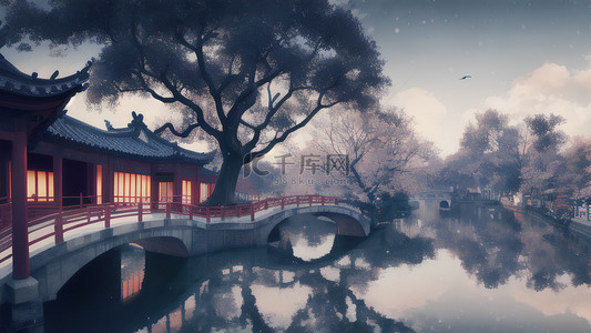 中国古典红色背景图片_庭院小桥湖水树