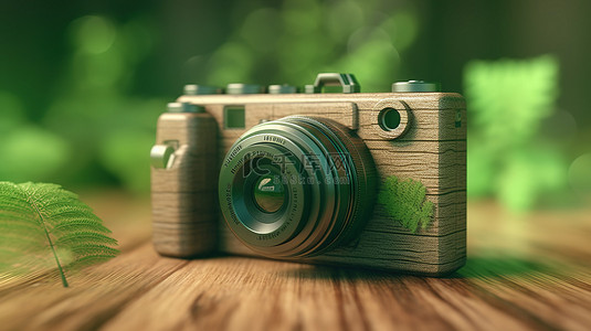 合法经营背景图片_模糊木质背景中的绿色相机说明 3D 生态旅游的概念