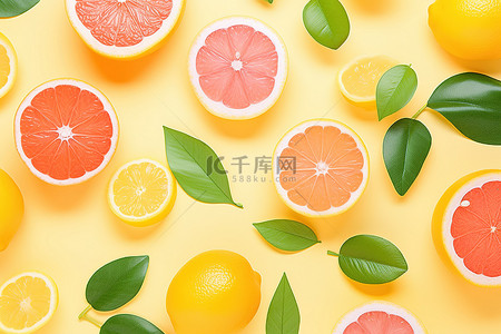 柑橘桉树背景图片_明亮的彩色背景上的多片新鲜柑橘类水果
