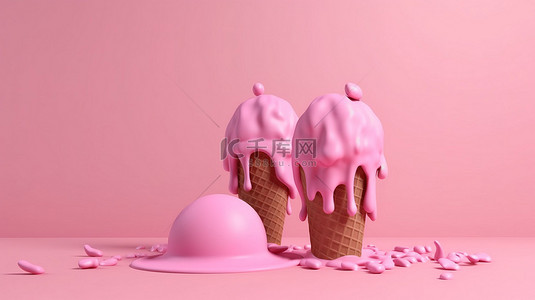 夏日喜悦粉红色背景 3d 融化冰淇淋的渲染