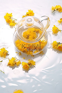 白色表面上放着黄色花朵的空茶壶