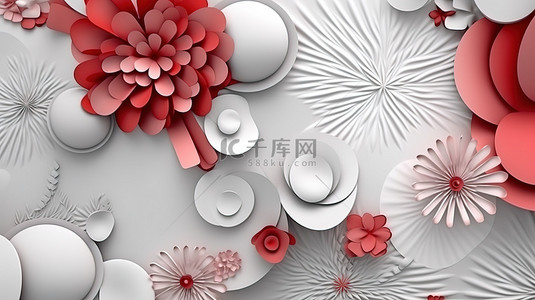 充满活力的羽毛 3D 插图彩色壁画壁纸，浅灰色背景上饰有红色花朵的白色圆圈