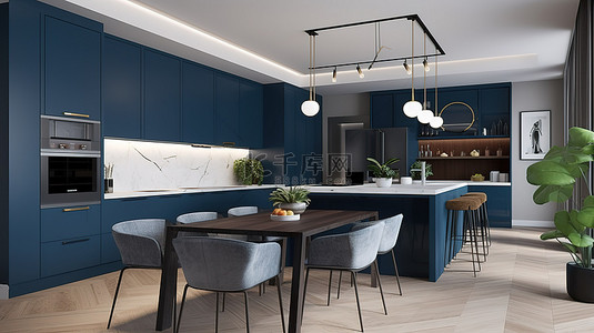 现代厨房与蓝色用餐区以 3D 可视化