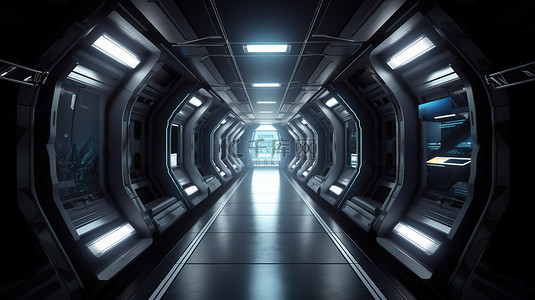 配备 3D 元素的金属宇宙飞船内部配有隧道走廊和充足的照明无人
