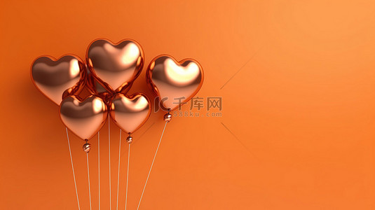 橙色墙壁上的一簇铜心形气球 3d 渲染
