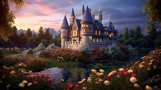 公园世风景背景图片_一座哥特式城堡，装饰着鲜花，被河边的暮光照亮 3D 渲染