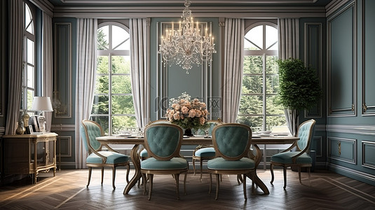 3D 渲染的古典餐厅展示华丽的装饰和家具
