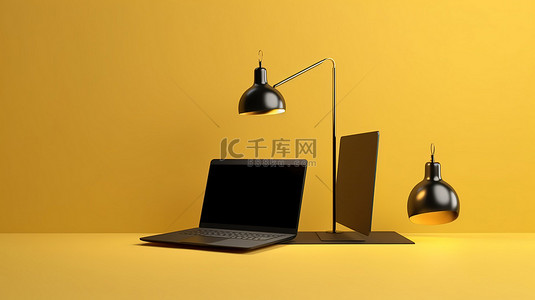 桌上办公用品背景图片_办公桌上的时尚创意概念黄色和黑色笔记本电脑 3D 渲染