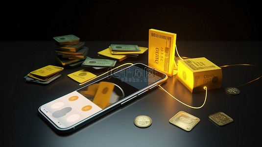在线购物概念电子商务商店的 3d 渲染，背景上有智能手机现金信用卡和硬币