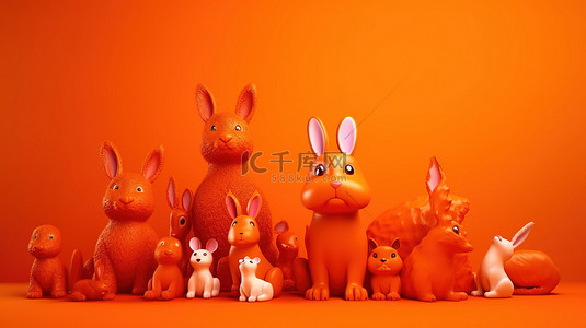 插画童年背景图片_充满活力的橙色背景中兔子玩伴的 3D 渲染玩具