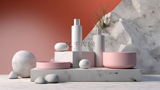 石头制作背景图片_创新地展示了化妆品和包装的独特抽象场景，配有采用 3D 渲染技术精心制作的石质平台