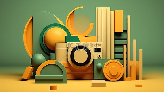几何孟菲斯风格背景图片_充满活力的黄色和绿色色调的几何孟菲斯风格相机的 3D 渲染插图