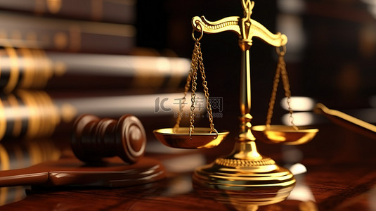 黄金法则尺度和木槌法官在 3D 渲染中描绘正义的概念