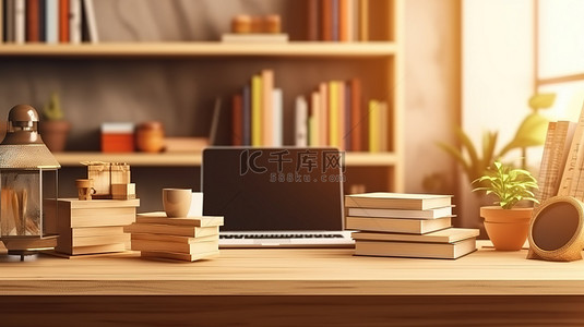 木质学习桌上配有笔记本电脑和文具的学生工作区的 3D 渲染，具有充足的复印空间