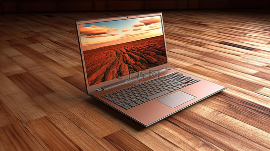 笔记本电脑放在木质表面上的 3D 插图